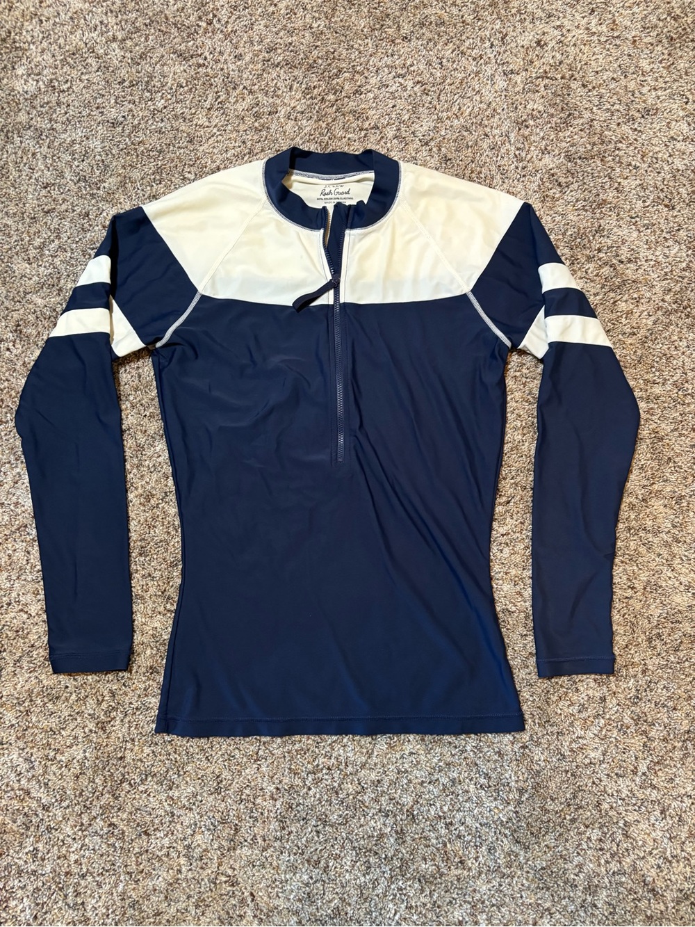 273. J. Crew Navy and Cream Rash Guard Half-Zip, Size M